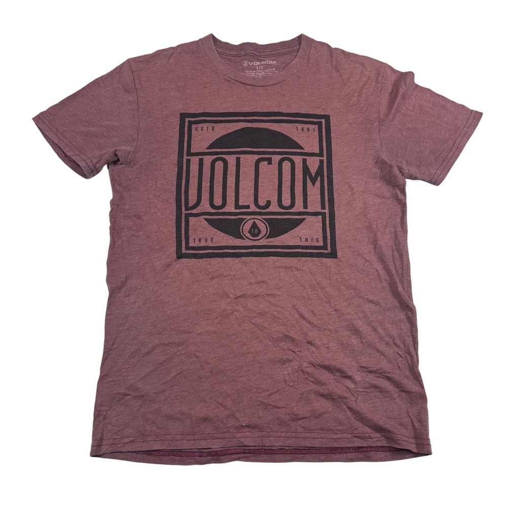 Volcom Graphic T Shirt Mens Small Burgundy Crew Neck Short Sleeve